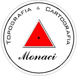 Logo con triangolo rosso, scritta "Topografia & Cartografia Monaci" in cerchio nero.