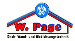 Logo von W. Page, spezialisiert auf Dach-, Wand- und Abdichtungstechnik, mit blauen und roten Details.