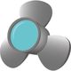 Graue Propeller-Ikone mit drei Blättern und einem blauen Zentrum.