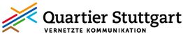 Logo von Quartier Stuttgart mit mehrfarbiger Grafik, Text: "Vernetzte Kommunikation".