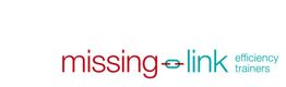 Logo van Missing Link Efficiency Trainers met rode en blauwe tekst en een ketting symbool.