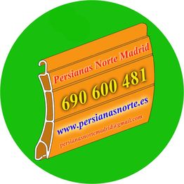 Icono verde con persiana y texto de contacto: "Persianas Norte Madrid, 690 600 481".