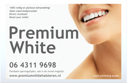 Glimlachende vrouw en tekst over veilige, pijnloze tandbleekbehandeling bij Premium White.