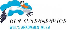 Storch mit Brille trägt Briefe, Text: "Der Flyerservice - Weil's ankommen muss!"