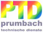 Buntes Logo mit den Buchstaben "PTD" und Text "prumbach technische dienste" in Grau.