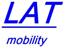 Logo mit blauem Text: „LAT“ oben, darunter ein Strich, und „mobility“ unten.