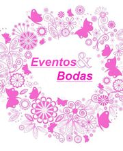 Corona floral rosa con pájaros y texto "Eventos & Bodas" en el centro.