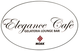 Logo di Elegance Café, Gelateria Lounge Bar, su sfondo bianco con scritta Moak in rosso.