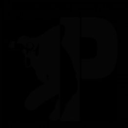 Silhouette einer Person mit Kamera hinter einem großen Buchstaben "P".
