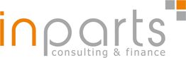 Logo mit Schriftzug "inparts consulting & finance", graue und orange Schrift, Quadrate oben rechts.