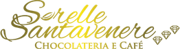 Logo dourado com texto "Sorelle Santaveneré Chocolateria e Café" e ícones de diamantes.