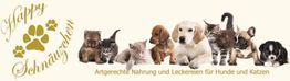 Eine Gruppe von Welpen und Kätzchen, daneben der Text "Happy Schnäuzchen".