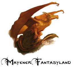 Roter Drache über einem Logo mit der Aufschrift "Mayener Fantasyland".