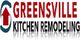 "Logo: Greensville Kitchen Remodeling with a red upward arrow in a blue circle."