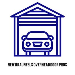 Blue outline of a car in a garage, text: "New Braunfels Overhead Door Pros."