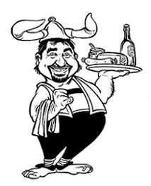 Cartoon eines lächelnden Mannes mit Wikingerhelm, der ein Tablett mit Essen und Getränken trägt.