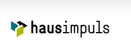 Logo mit Text "hausimpuls" und geometrischen Formen in Gelb, Schwarz und Blau.