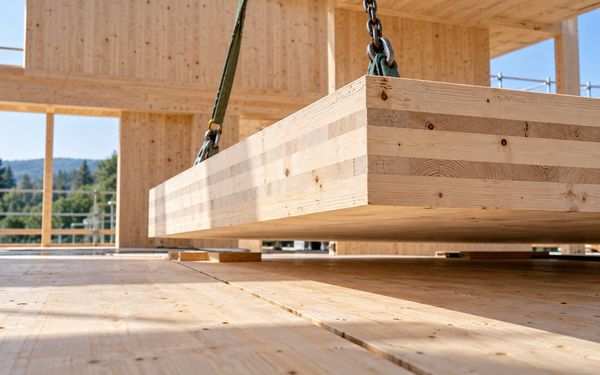 Eine große Brettsperrholzplatte wird mit einem Kran in den Rohbau eines modernen Holzgebäudes gehoben und zeigt den Einsatz innovativer Holzwerkstoffe im konstruktiven Holzbau.