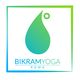 Logo di Bikram Yoga Roma con una goccia stilizzata e testo in un quadrato verde e blu.