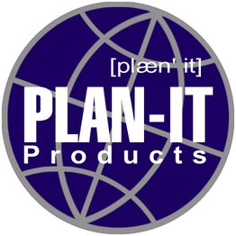 Logo mit Text "PLAN-IT Products" auf blauem Hintergrund mit grauen Linien.