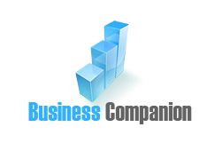Logo mit blauem 3D-Diagramm und Text: "Business Companion".