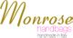 Logo mit Schriftzug "Monrose handbags, handmade in Italy" in gold und pink.