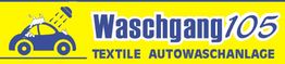 Blaues Auto-Icon mit Wasserstrahlen, daneben Text: "Waschgang 105 Textile Autowaschanlage".