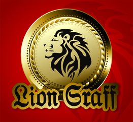 Selo dourado com leão estilizado, fundo vermelho. Texto: "Lion Graff".