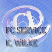 Blaues Logo mit @-Symbol und Text: "PC SERVICE K. WILKE".