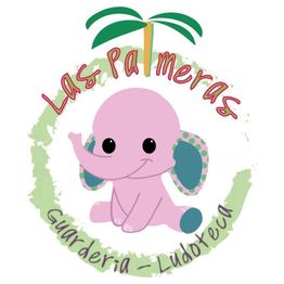Logo con elefante rosa, texto "Las Palmeras", una palmera y "Guardería-Ludoteca".