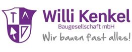 Logo der Willi Kenkel Baugesellschaft mbH mit Slogan „Wir bauen fast alles!“ in Lila und Grau.