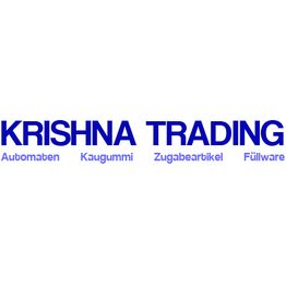 Weiße Fläche mit blauem Text: "Krishna Trading", "Automaten", "Kaugummi", "Zugabeartikel", "Füllware".