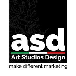 Logo bianco su sfondo nero con scritta "asd Art Studios Design, make different marketing".