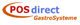 Logo mit Text: "POS direct GastroSysteme" in rot und blau, mit einem geschwungenen Bogen.