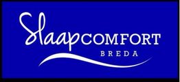 Wit logo van "Slaapcomfort Breda" op een blauwe achtergrond.