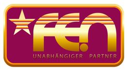 Goldenes Logo auf rotem Hintergrund, mit einem Stern und der Aufschrift „Unabhängiger Partner“.