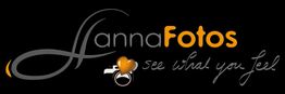 Logo mit Schriftzug "HannaFotos", Herzsymbol und Text "see what you feel" auf schwarzem Hintergrund.