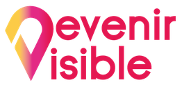 Logo coloré avec l'inscription "devenir visible" en rose et jaune.