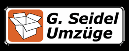 Offener Umzugskarton und Text "G. Seidel Umzüge" auf orangefarbenem Hintergrund.
