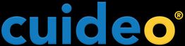 Logo de Cuideo con texto azul y la última letra "o" en amarillo, sobre fondo negro.