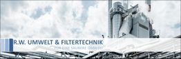 Industrieanlage mit Schornstein und Rohren, Schriftzug: "R.W. Umwelt & Filtertechnik".