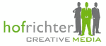 Logo mit drei Silhouetten in Anzügen, Text: "hofrichter CREATIVE MEDIA".