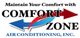 "Comfort Zone Air Conditioning logo with red and blue arrows and the slogan 'Maintain Your Comfort'."