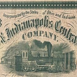 Old engraving of a steam train with "Indianapolis Central Company" text.