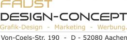 Logo von Faust Design-Concept mit Grafik-Design, Marketing, Werbung und Adresse in Aachen.