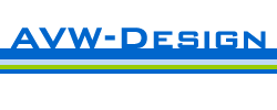 Logo-Text "AVW-DESIGN" in Blau mit grünen und blauen Linien darunter.