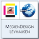 Logos: Bunter Drucker und Weltkugel, darunter Text "MedienDesign Leyhausen".