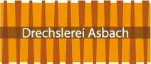 Orange-weiß gestreiftes Logo mit dem Text "Drechslerei Asbach" in der Mitte.