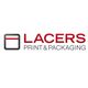 Logo von Lacers Print & Packaging in Rot und Grau mit stilisiertem Quadrat links.