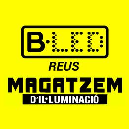 Logo amarillo: "B-LED REUS, MAGATZEM D'IL·LUMINACIÓ" en negro.